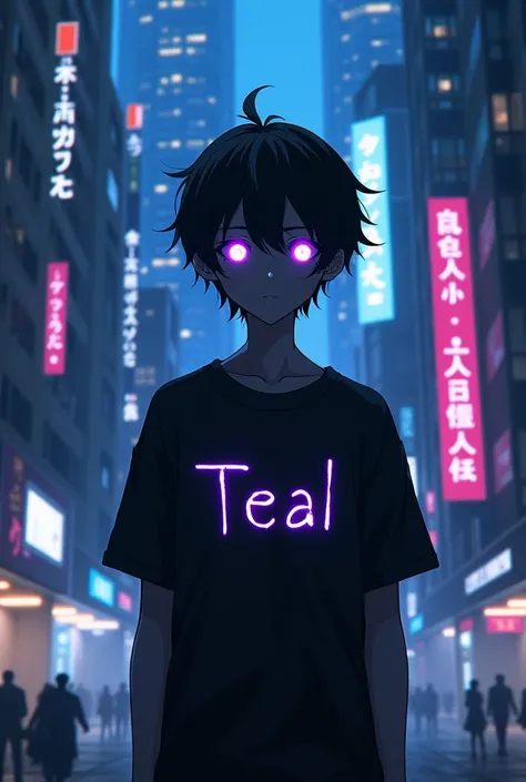 Young Dark anime character with purple glowing eyes wearing Ahad name teashirt standing in cyberpunk city