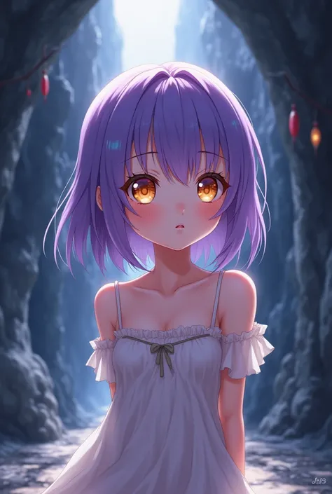 ( full body photo) ( Anterior body ) (Pretty girl) (anime) (Cavernous ) (small chest) ( smooth white skin ) ( Purple Hair) ( Orange Eyes ).