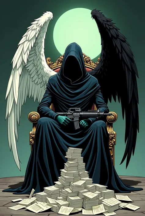 Angel of Death with Black Right Wing and White Left Wing Seated on a Throne
FAMAS in the right hand
Huge pile of paper on the ground
Dark green yin and yang symbol in the background
Faceless
Cartoon
Comic
Circular image format
