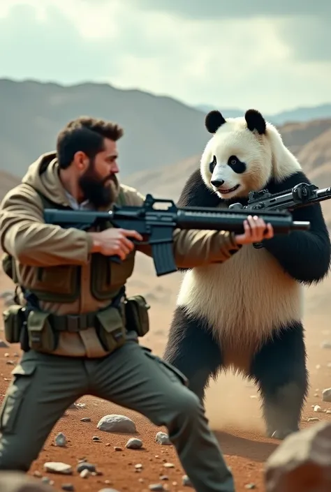 (photorealism:1.2), a young light beard man and a fit muscular panda with guns in their arm fighting in a battlefield 