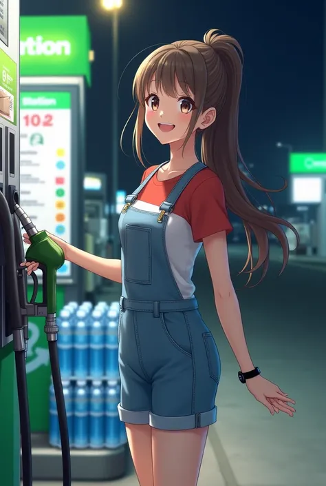 A young Japanese idol, body shape with long, cheerful expression, standing at a gas station pump during night time. She is holding a fuel nozzle in one hand while smiling brightly. She has her hair tied back into a neat ponytail and is wearing overalls and...