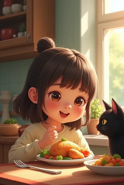 Girl eating chicken with vegetables with her black cat and mom