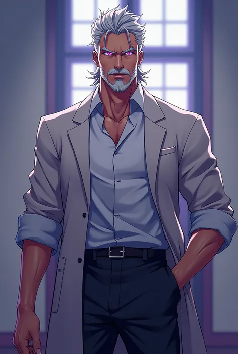 An anime male character of age 50 years hairs of cement colour purple eyes looks smart and handsome with slight amount of beard a master manipulator with good fighting skills and good physique very powerful wearing shirt and pant of classical style