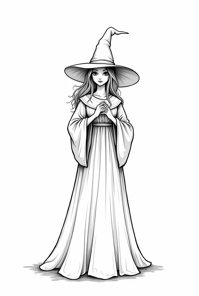  The outline in a thick black line of the drawing of a good witch, The background being white to color and without blemishes  