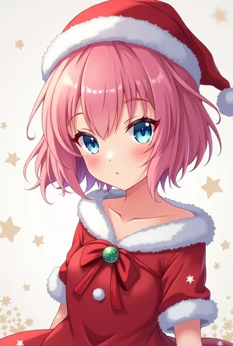  masterpiece ,  best quality, sky blue eyes, 1 girl, only, thin, Blush, Body of a young man , no errors in the images ,  An anime girl with a perverted face, Shes wearing a Christmas dress with a Christmas hat, pink hair, With high quality, short hair, 