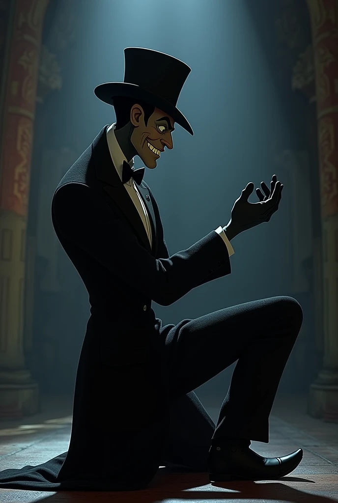  famous person Facilier or Shadow Man from the Princess and the Frog animated,   with one knee to the ground , proposing marriage ,  looking up and only ,  the face and clothes exactly like that of the character  