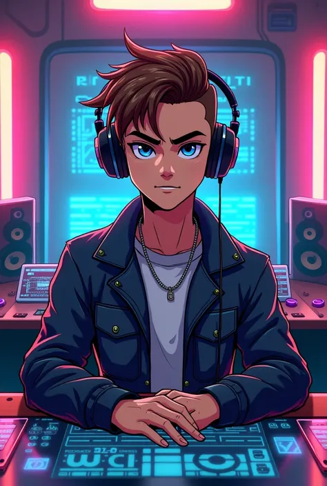 A cool cartoon male character with headphones on his head, sitting at a desk, looking at the camera in front of him, in an expensive cyberpunk recording studio space, with a table in front of him, wearing cool clothes