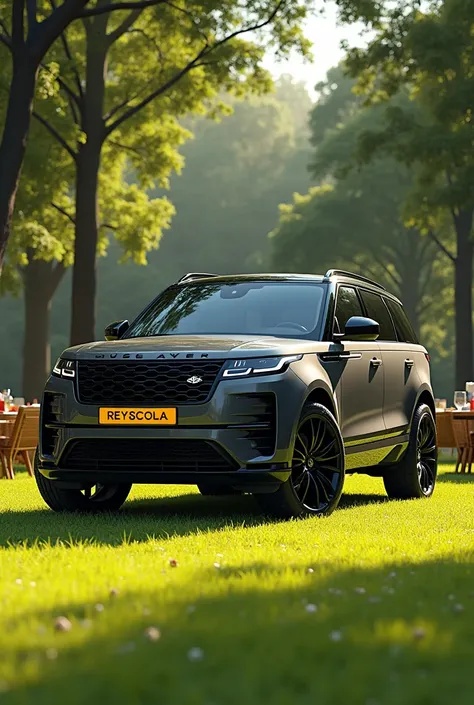 A highly realistic scene featuring a lu SUV is parked on a grassy field with large trees in the background, surrounded by wicker chairs and tables arranged for a picnic. The vehicle is dark gray with black accents, equipped with large alloy wheels, and a p...