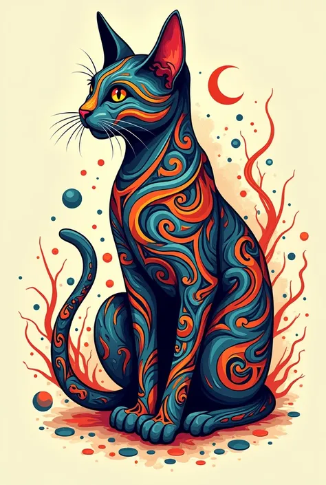 abstractive colored tattoo cat on empty background with patterns VASILISA LEVART style best quality hyper realistic