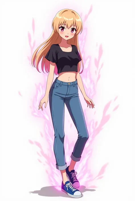  Young adult girl with long straight blond hair,pink eyes, with a black sleeve cropped blouse , blue dins pants ,blue sneakers, adventurous smile , with pink energy powers on the body , in battle position ,on white canvas ,anime version