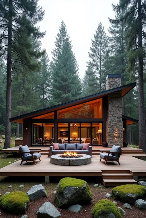 {
  "prompt": "A modern cabin-style house surrounded by a dense forest of tall evergreen trees. The house has a single sloping roof and large floor-to-ceiling windows that reflect the surrounding nature. The exterior features a visible stone chimney adding...