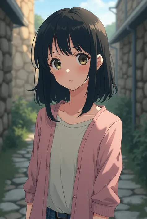 image appears to depict an anime-style character with medium-length dark hair, wearing a light-colored shirt and a pinkish jacket, with a somber or neutral expression. Here is a suggested prompt based on the image:

"Create an anime-style illustration of a...