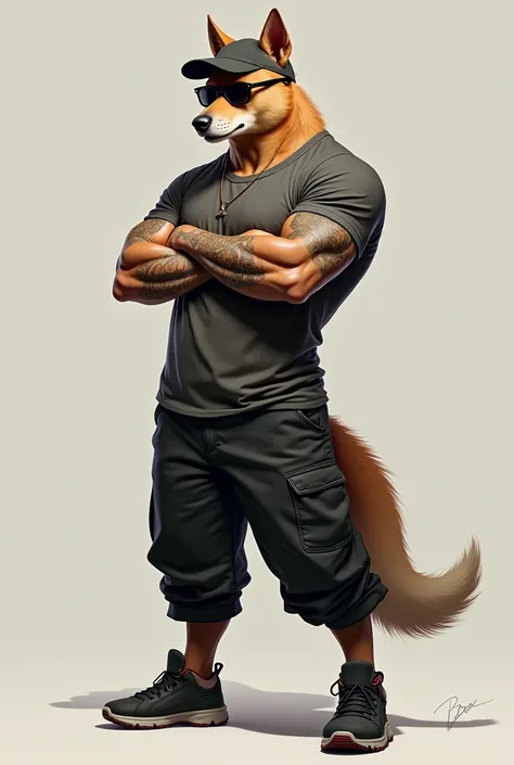 Flesh dog humanized and strong body with arms crossed dark glasses cap, pants,  t-shirt , tattoo and standing sneakers  