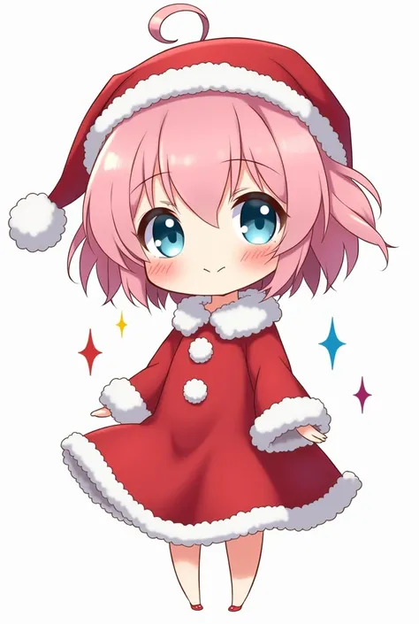  masterpiece ,  best quality, sky blue eyes, A chibi girl , only, thin, Blush, Body of a young man , no errors in the images , A chibi anime girl with a perverted face ,  her wearing a Christmas dress with a Christmas hat, pink hair, With high quality, sho...