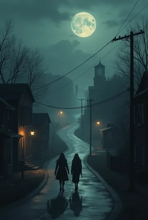 An ominous, dark-toned landscape of the quiet town of Conway at dusk, with old buildings, a winding road, and an air of isolation. Shadows of two figures could be seen walking down the street, blurred by the mist, representing the twins.