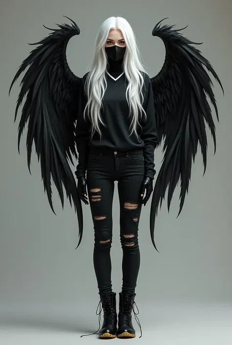  A beautiful girl with white tails and a mask on her mouth ,  and she also has a scar on one eye and she wears a black foodball  ,  gloves and torn black jeans and black gold-soled boots, and she has two wings on her back, one white and one black  