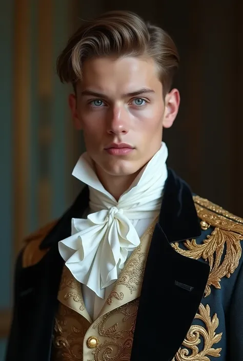 Young Dutch man 25 years old,  blue eyes with the most perfect face in the world, unusual beauty, In the gowns of a Victorian nobleman,  with seductive expression ,  short hair