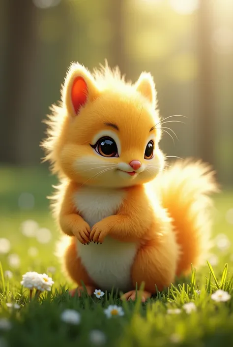  An extraordinarily cute and ultra-realistic creature rests on a sunny lawn ,  combining features of a baby squirrel and a baby chick . Its body is small and compact, covered by a mix of soft and golden fur with light textures of vibrant yellow feathers,  ...