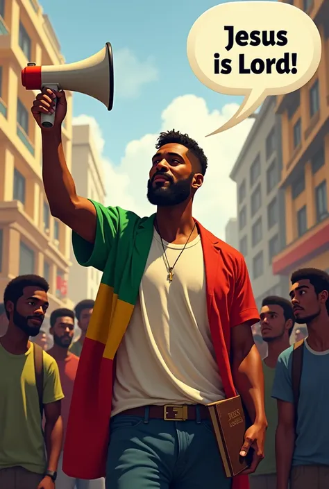 A chocolate skinned man of 30 age proclaim holding megaphone on one hand bible on the other hand, wearing an Tigray flag Right side of the shirt ,telling the crowded street  Jesus is Lord leave a speech bubble tik tok size 