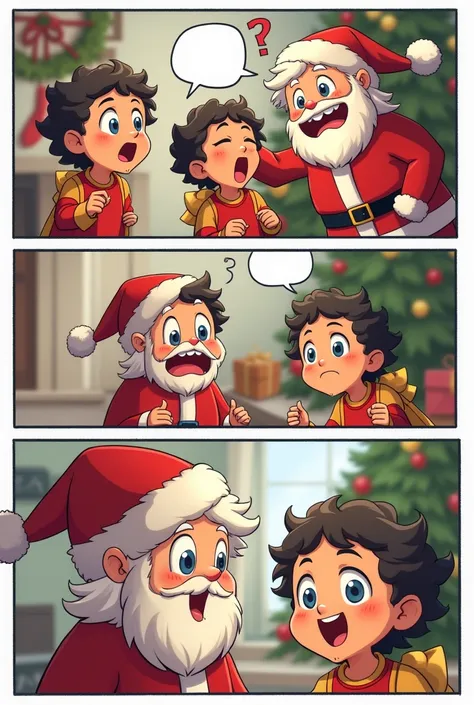 Provide a comic strip without bubble text.     
Three excited ren are waiting for Santa to arrive. They are thinking of what gift theyll receiv .but Santa doesnt arrive yet