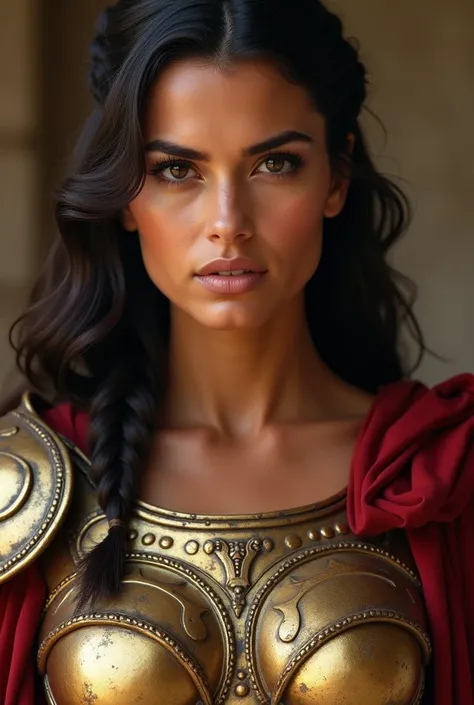 A close-up image of a powerful female Spartan queen. Her dark brown, wavy hair cascades to her mid-back in a warrior’s braid, while her sun-kissed bronze skin, adorned with subtle battle scars, glows with vitality. She has an oval-shaped face , piercing ha...