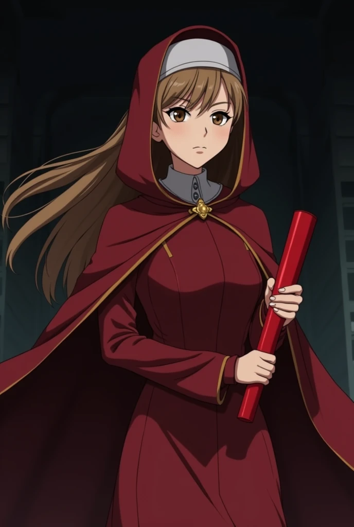 Make a white girl with light brown hair ,  wearing the entire costume from The Handmaids Tale series holding a cylindrical red object that symbolizes graduation, Do a cute girl with long hair in a serious epic pose ,  do it in a dark anime format.