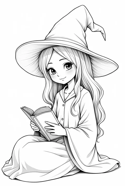 The outline in thick black line of the drawing of the face ,  neck and bust of a good little witch with a witchs hat, The background being white to color and without blemishes . The little witch is sitting reading a book 