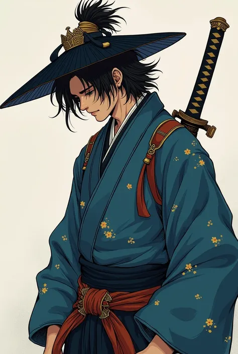 a  young man ronin wearing a light dark blue outfit with gold design wearing a samurai hat while slightly looking down and face covered by the hat. traditional bow at the back and holding a samurai sword