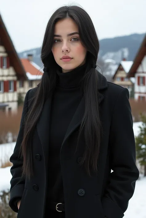 photo portrait of a beautiful young German woman of European appearance at the age of 18 with long black hair in her hair, two long straight tails on the sides. Dressed in black pea coat and black velvet pants.  In the background, a village with half-timbe...