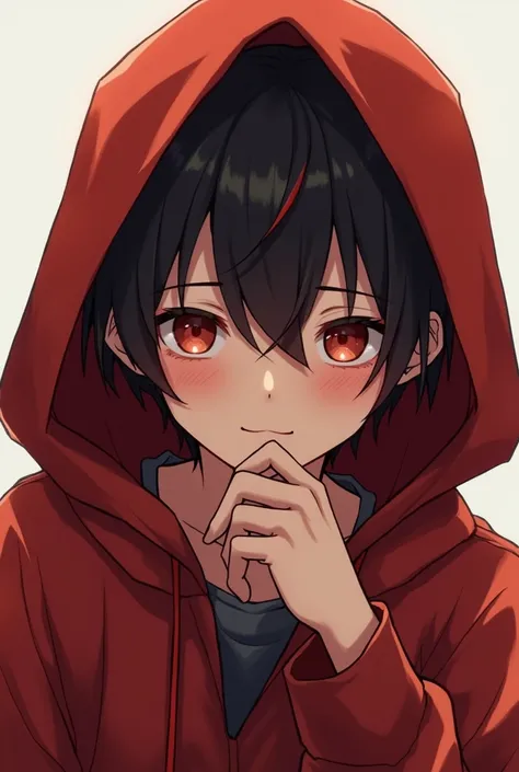 Anime Androgynous boy laughing but in thoughts with the face of a piscicopate androgynous Indian brown skin straight black hair with fringe of red eyes red hooded blouse 