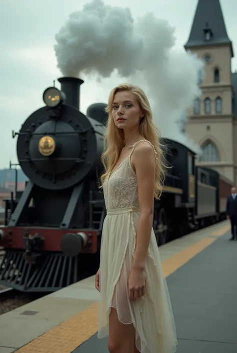 Ultra Realistic photography, full body portrait ,  A beautiful 28-year-old woman ,  standing (((outdoors)))  on a train station platform from the 19th century. century,  a huge black steam locomotive ,  Steam locomotive steaming ,  1910 station building be...