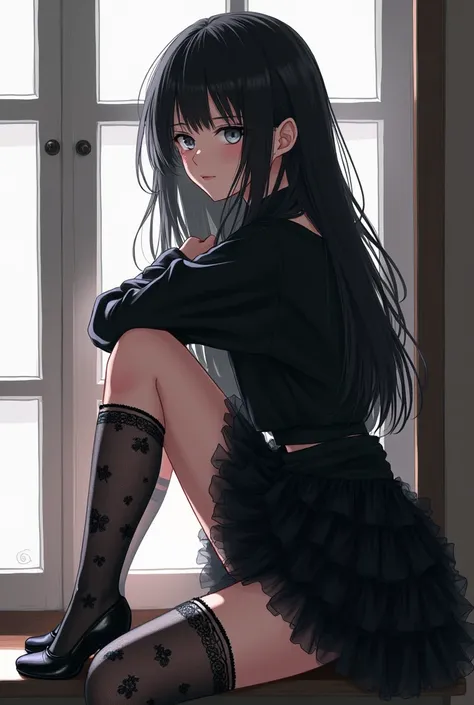 Beautiful girl with long black hair wearing a black blouse, wearing a short black bubble wrap, wearing black floral print stockings, sitting by the anime window
