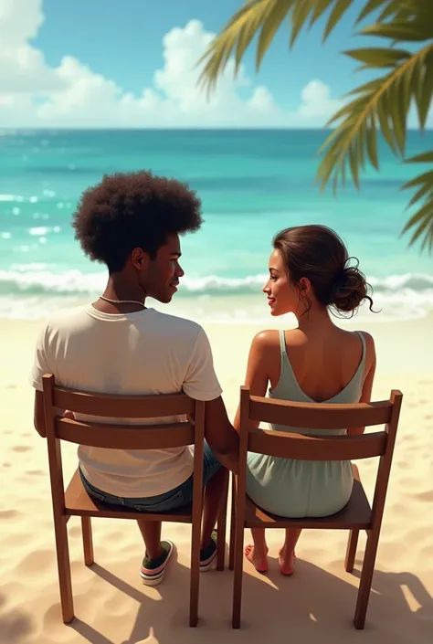 A young black man with Afro-haired hair 
And a young woman sitting in a chair,next to a beach at the age of 18  