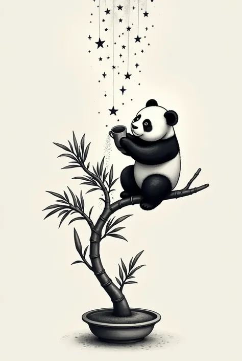 Un tatoo avec un panda sur un bambou qui arrose un Bon Sai avec un arrosoir. Ce n’est pas de l’eau mais des étoiles le tout en noir et blanc 