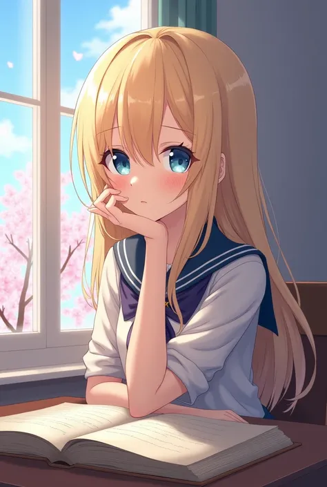 「Sit on a 、, the blond, blue-eyed girl sitting by the window 。She is wearing a uniform、 staring at me shyly with a slight red cheek。 An open Russian dictionary is placed on the desk 、 the gesture of gently covering her face with one hand is cute 。 the soft...