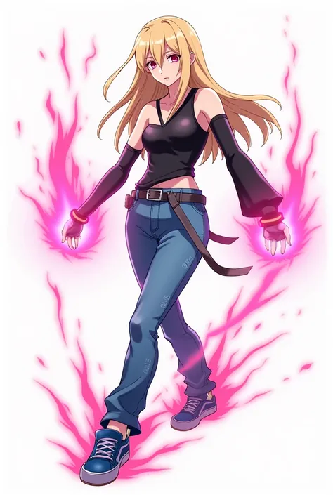    Young adult with straight and long blond hair   ,   pink eyes   ,    with a cropped black sleeve null with a long sleeve on the left arm and sleeveless on the right arm with the shoulder showing , Dins blue pants   ,blue sneakers,    adventurous smile  ...