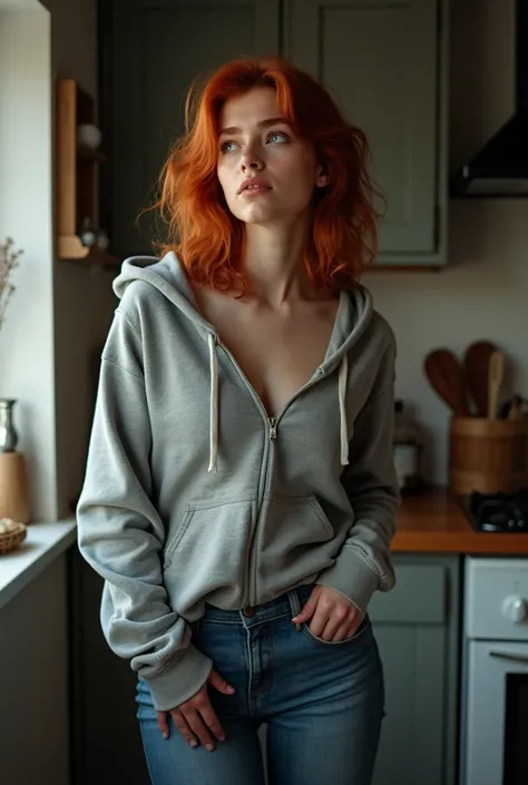 1 girl in, age 20, alone, Aesthetic work,  red-haired Irish woman  ,  reddish curly hair  ,  red hair up to the shoulders  , grey eyes, light grey eyes, , pale skin, A-Cup,  open and saggy breasts  , suave, natural, sensual body,  full-body shot  , Perfect...