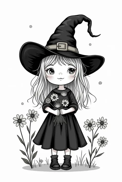 The outline in thick black line of the drawing of the face ,  neck and bust of a good little witch with a witchs hat, The background being white to color and without blemishes . The little witch is picking flowers 