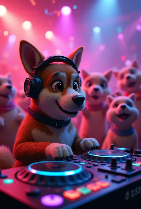 Create a DJ  , dog having a party at the club