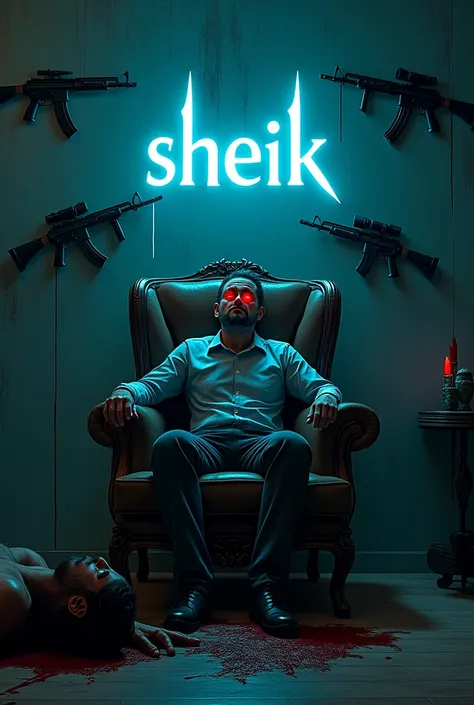 The man sitting in an armchair with a piece of dog around his red eyes with a man on the floor filled with blood in a room filled with gun on the wall writing Sheik with blue light