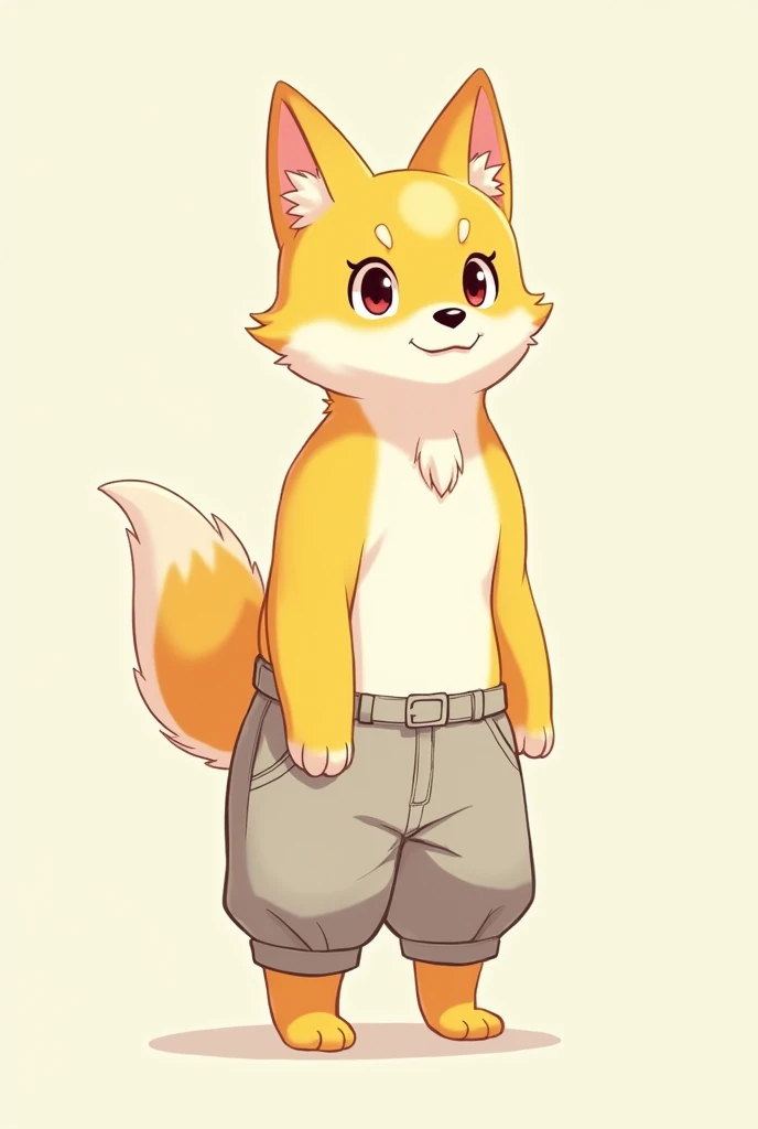  Make a furry in the shape of a dog with standing ears,  with yellow fur and a little white and shes female , Put clothes on her , Make her have a human body in an anime version, Make her a little bigger and put some pants on her