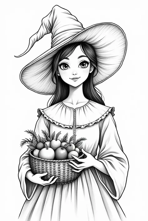 The outline in thick black line of the drawing of the face ,  neck and bust of a good witch wearing a witchs hat, The background being white to color and without blemishes . The little witch has a fruit basket in her hand  