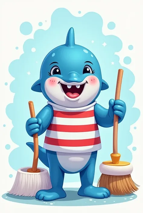  A dolphin that likes cleaning in light blue red white and black to be the image of a cleaning supplies company called Kelimpio has to be a cartoon the dolphin has to have legs and clothes in the color sky blue and white in his hand a broom and the stronge...