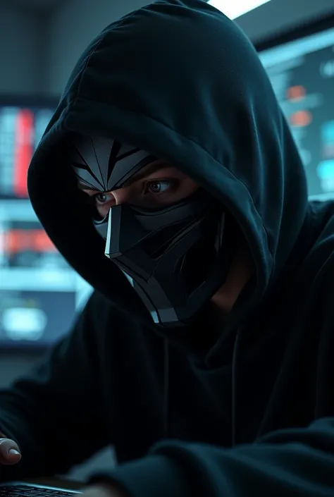 A hacker wearing a mask with a black design that doesnt show his face