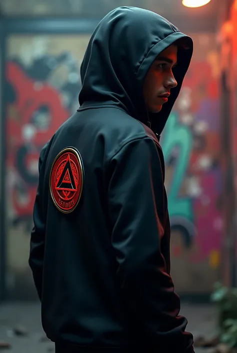 create a image of a man wearing a black hoodie jacket seen from behind looking to the right, 3D emblem, grafity style. 