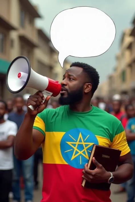 A chocolate skinned man of 30 age proclaim holding megaphone on one hand bible on the other hand, wearing  Tigrian reginal state flag Right side of the shirt ,telling the crowded street leave a blank speech bubble tik tok size 