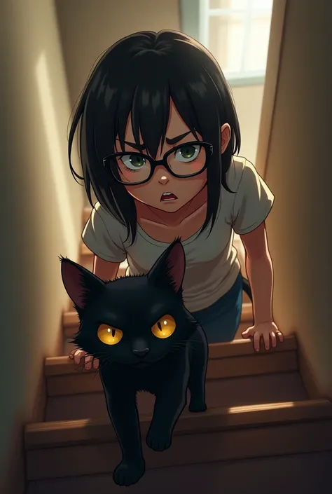 A girl with glasses and her black cat climbing up to her room in anger 
