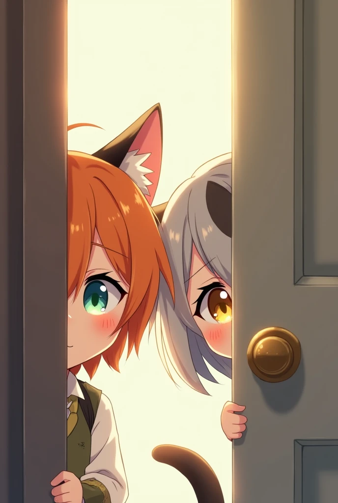 {Boy, orange hair, cat ears, cat tail, one green and one blue cat eye, } {Next to him is a girl, grayish white hair with a bit of black, dog ears and tail, golden eyes} The ren, about , are shyly hiding behind a door, quality (anime style) (manhwa style)