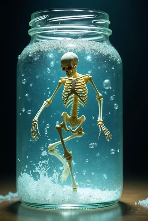 A skeleton swimming in a jar of salt