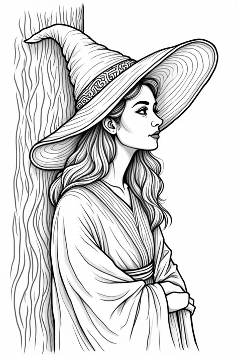 The outline in thick black line of the drawing of the face ,  neck and bust of a good witch wearing a witchs hat, The background being white to color and without blemishes . The little witch is leaning against a tree 